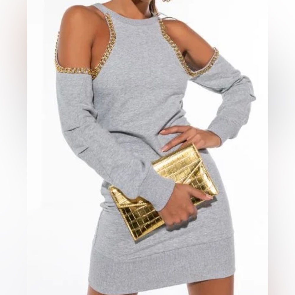 AKIRA Cold Shoulder Sweatshirt Dress. With Chain Detail. Size L. Fitted mini
